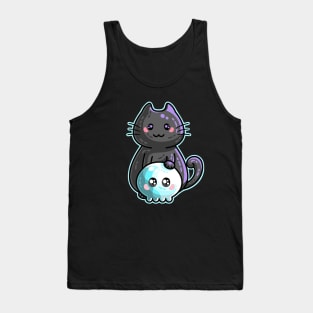 Kawaii Cute Black Cat and Skull Tank Top